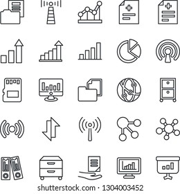 Thin Line Icon Set - antenna vector, growth statistic, office binder, document, monitor, diagnosis, folder, network, share, sd, data exchange, statistics, bar graph, pie, point, archive box