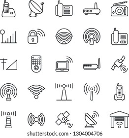Thin Line Icon Set - antenna vector, wireless notebook, office phone, satellite, radio, remote control, cellular signal, lock, router, garage gate