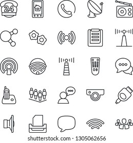 Thin Line Icon Set - antenna vector, gear, team, 24 hours, clipboard, satellite, radio, speaker, remote control, dialog, phone, share, hdmi, message, wireless, paper tray, web camera, home app