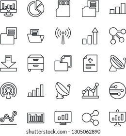 Thin Line Icon Set - antenna vector, satellite, growth statistic, monitor, diagnosis, folder document, barcode, sd, network, download, bar graph, pie, point, archive box, wireless, social media
