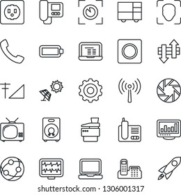 Thin Line Icon Set - antenna vector, gear, notebook pc, monitor pulse, consolidated cargo, network, laptop, radio phone, speaker, call, mobile camera, record, data exchange, face id, cellular signal