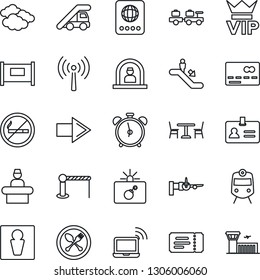 Thin Line Icon Set - antenna vector, fence, barrier, spoon and fork, cafe, train, escalator, alarm clock, no smoking, male, vip, credit card, ticket, bomb in case, wireless notebook, reception