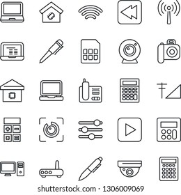 Thin Line Icon Set - antenna vector, calculator, pen, notebook pc, camera, laptop, radio phone, play button, rewind, tuning, sim, wireless, eye id, cellular signal, smart home, router, web