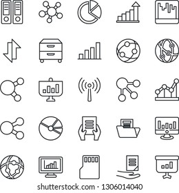 Thin Line Icon Set - antenna vector, growth statistic, office binder, document, monitor, network, share, scanner, sd, data exchange, statistics, bar graph, pie, folder, point, archive box