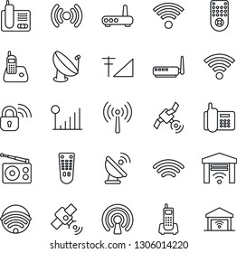 Thin Line Icon Set - antenna vector, office phone, satellite, radio, remote control, wireless, cellular signal, lock, router, garage gate