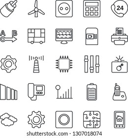 Thin Line Icon Set - antenna vector, coffee machine, bomb in case, clouds, printer, monitor pulse, 24 hours, consolidated cargo, sorting, route, settings, radio phone, battery, rca, calculator, chip