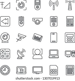 Thin Line Icon Set - antenna vector, calculator, notebook pc, clock, barcode, satellite, remote control, monitor, laptop, rewind, phone back, sim, face id, eye, cellular signal, web camera