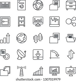 Thin Line Icon Set - antenna vector, growth statistic, crisis graph, monitor, document reload, folder, barcode, satellite, network, scanner, data exchange, download, statistics, archive box