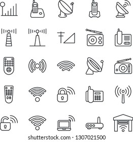 Thin Line Icon Set - antenna vector, satellite, wireless notebook, office phone, radio, remote control, cellular signal, lock, router, garage gate