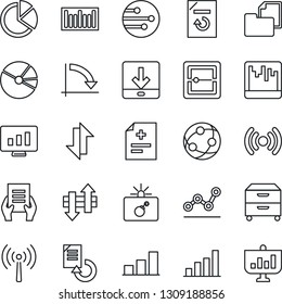Thin Line Icon Set - antenna vector, bomb in case, crisis graph, document, statistic monitor, reload, diagnosis, folder, barcode, network, scanner, data exchange, download, bar, pie, point, wireless