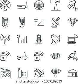 Thin Line Icon Set - antenna vector, satellite, wireless notebook, office phone, radio, remote control, cellular signal, lock, router, garage gate