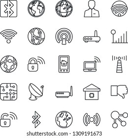 Thin Line Icon Set - antenna vector, wireless notebook, earth, satellite, network, finger down, user, bluetooth, cellular signal, smart home, chip, lock, router, control app, social media