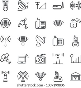 Thin Line Icon Set - antenna vector, satellite, wireless notebook, office phone, radio, remote control, cellular signal, lock, router, garage gate