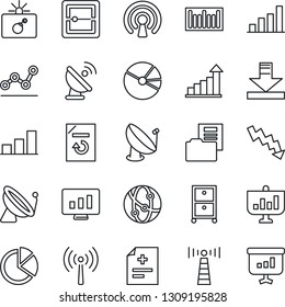 Thin Line Icon Set - antenna vector, satellite, bomb in case, growth statistic, crisis graph, monitor, document reload, diagnosis, barcode, network, scanner, download, bar, pie, folder, point