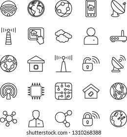 Thin Line Icon Set - antenna vector, clouds, earth, satellite, network, share, user, wireless, smart home, chip, lock, router, control app