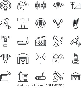 Thin Line Icon Set - antenna vector, satellite, wireless notebook, office phone, radio, remote control, cellular signal, lock, router, garage gate