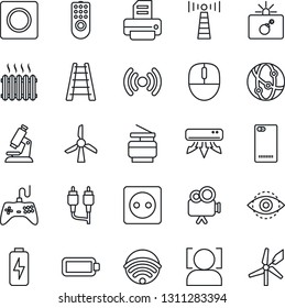 Thin Line Icon Set - antenna vector, bomb in case, mouse, printer, ladder, microscope, gamepad, video camera, network, rca, phone back, record, face id, eye, battery, charge, copier, heater, socket