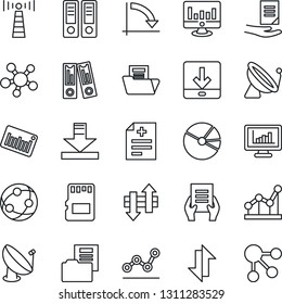 Thin Line Icon Set - antenna vector, satellite, office binder, crisis graph, document, statistic monitor, diagnosis, barcode, network, share, sd, data exchange, download, statistics, pie, folder