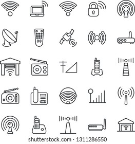 Thin Line Icon Set - antenna vector, wireless notebook, office phone, satellite, radio, remote control, cellular signal, lock, router, garage gate