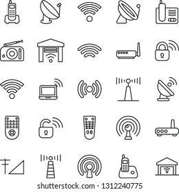 Thin Line Icon Set - antenna vector, satellite, wireless notebook, office phone, radio, remote control, cellular signal, lock, router, garage gate