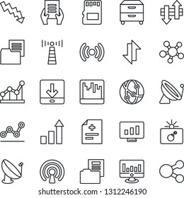 Thin Line Icon Set - antenna vector, satellite, bomb in case, growth statistic, crisis graph, document, monitor, diagnosis, folder, network, share, scanner, sd, data exchange, download, point
