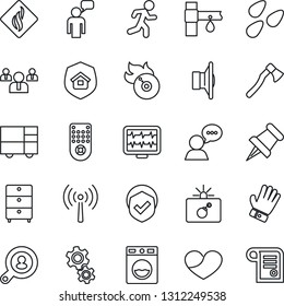 Thin Line Icon Set - antenna vector, bomb in case, speaking man, team, glove, axe, seeds, drip irrigation, monitor pulse, run, consolidated cargo, shield, archive chest, flame disk, speaker, heart