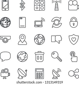Thin Line Icon Set - antenna vector, wireless notebook, lock, heart shield, navigation, satellite, video camera, network, cell phone, touch screen, finger down, back, message, bluetooth, application