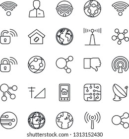 Thin Line Icon Set - antenna vector, earth, satellite, network, share, finger down, user, wireless, cellular signal, smart home, chip, lock, control app, social media