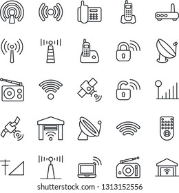 Thin Line Icon Set - antenna vector, satellite, wireless notebook, office phone, radio, remote control, cellular signal, lock, router, garage gate