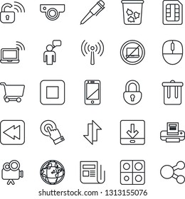 Thin Line Icon Set - antenna vector, no laptop, trash bin, wireless notebook, speaking man, mouse, pen, news, video camera, cell phone, touch screen, stop button, rewind, sim, data exchange, lock