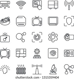 Thin Line Icon Set - antenna vector, bomb in case, microscope, consolidated cargo, route, tv, video camera, share, hdmi, settings, face id, eye, fingerprint, sun panel, heater, air conditioner
