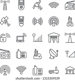 Thin Line Icon Set - antenna vector, wireless notebook, office phone, satellite, radio, remote control, cellular signal, lock, router, garage gate