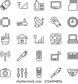 Thin Line Icon Set - antenna vector, wireless notebook, clock, barcode, satellite, camera, remote control, touch screen, monitor, radio phone, tuning, sd, cellular signal, pc, copier, pen, chip