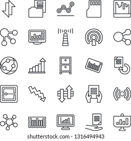 Thin Line Icon Set - antenna vector, growth statistic, crisis graph, document, reload, barcode, network, share, scanner, sd, data exchange, monitor statistics, folder, point, archive box, wireless