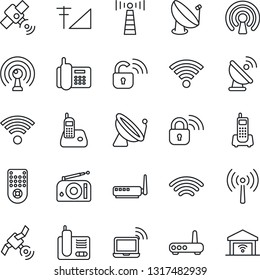 Thin Line Icon Set - antenna vector, satellite, wireless notebook, office phone, radio, remote control, cellular signal, lock, router, garage gate