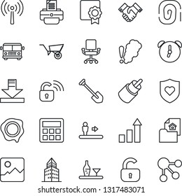 Thin Line Icon Set - antenna vector, airport bus, escalator, growth statistic, job, stamp, printer, wheelbarrow, heart shield, rca, gallery, calculator, alarm, download, sertificate, office building