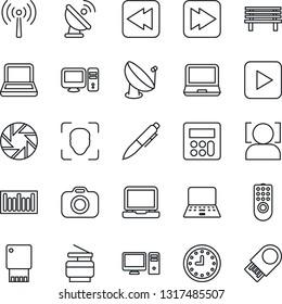 Thin Line Icon Set - antenna vector, pen, notebook pc, bench, clock, barcode, satellite, camera, laptop, play button, fast forward, rewind, mobile, calculator, face id, copier, remote control