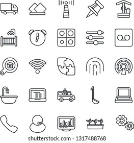 Thin Line Icon Set - antenna vector, notebook pc, seedling, well, ambulance car, support, delivery, call, tuning, alarm, record, wireless, fingerprint id, application, monitor statistics, bathroom