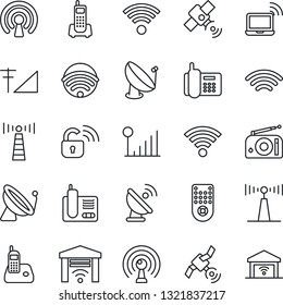 Thin Line Icon Set - antenna vector, satellite, wireless notebook, office phone, radio, remote control, cellular signal, lock, garage gate