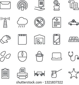 Thin Line Icon Set - antenna vector, taxi, alarm car, contract, mouse, notepad, document, printer, bucket, glove, rain, seeds, diagnosis, stethoscope, cell phone, clipboard, notebook pc, mail, cafe