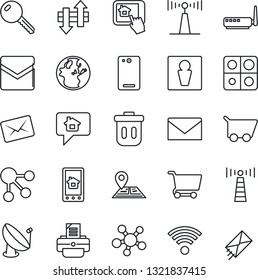Thin Line Icon Set - antenna vector, male, mail, printer, navigation, satellite, share, phone back, data exchange, application, key, wireless, router, home control app, trash bin, message, earth