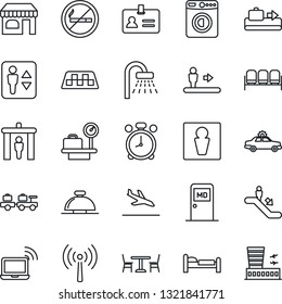 Thin Line Icon Set - antenna vector, taxi, arrival, baggage conveyor, cafe, security gate, elevator, escalator, alarm clock, no smoking, male, waiting area, car, wireless notebook, reception bell