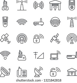Thin Line Icon Set - antenna vector, satellite, wireless notebook, office phone, remote control, radio, cellular signal, lock, router, garage gate