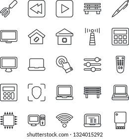Thin Line Icon Set - antenna vector, notebook pc, garden fork, bench, remote control, touch screen, monitor, laptop, play button, rewind, tuning, calculator, wireless, face id, pen, smart home, chip