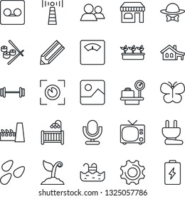 Thin Line Icon Set - antenna vector, tv, shop, luggage scales, pencil, sproute, butterfly, seedling, seeds, barbell, microphone, group, gallery, settings, record, house with garage, pool, factory