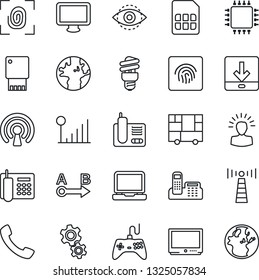 Thin Line Icon Set - antenna vector, earth, consolidated cargo, route, gamepad, tv, monitor, laptop pc, radio phone, call, sim, download, eye id, fingerprint, cellular signal, office, chip, wireless
