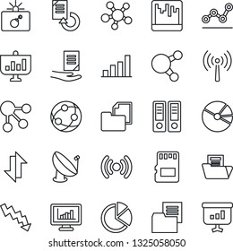Thin Line Icon Set - antenna vector, bomb in case, office binder, crisis graph, document, reload, folder, satellite, network, share, scanner, sd, data exchange, monitor statistics, bar, pie, point