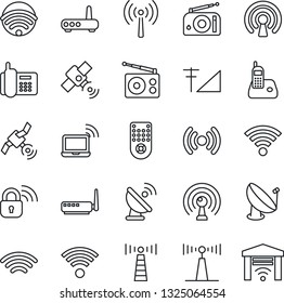 Thin Line Icon Set - antenna vector, wireless notebook, office phone, satellite, radio, remote control, cellular signal, lock, router, garage gate