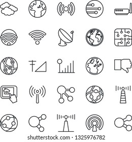 Thin Line Icon Set - antenna vector, clouds, earth, satellite, network, share, finger down, wireless, cellular signal, chip, router, home control app, social media