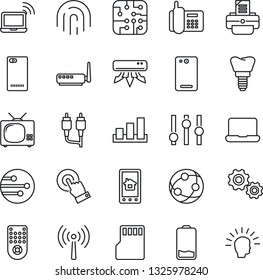 Thin Line Icon Set - antenna vector, wireless notebook, printer, implant, office phone, sorting, settings, remote control, network, touch screen, low battery, rca, back, sd, fingerprint id, pc, tv